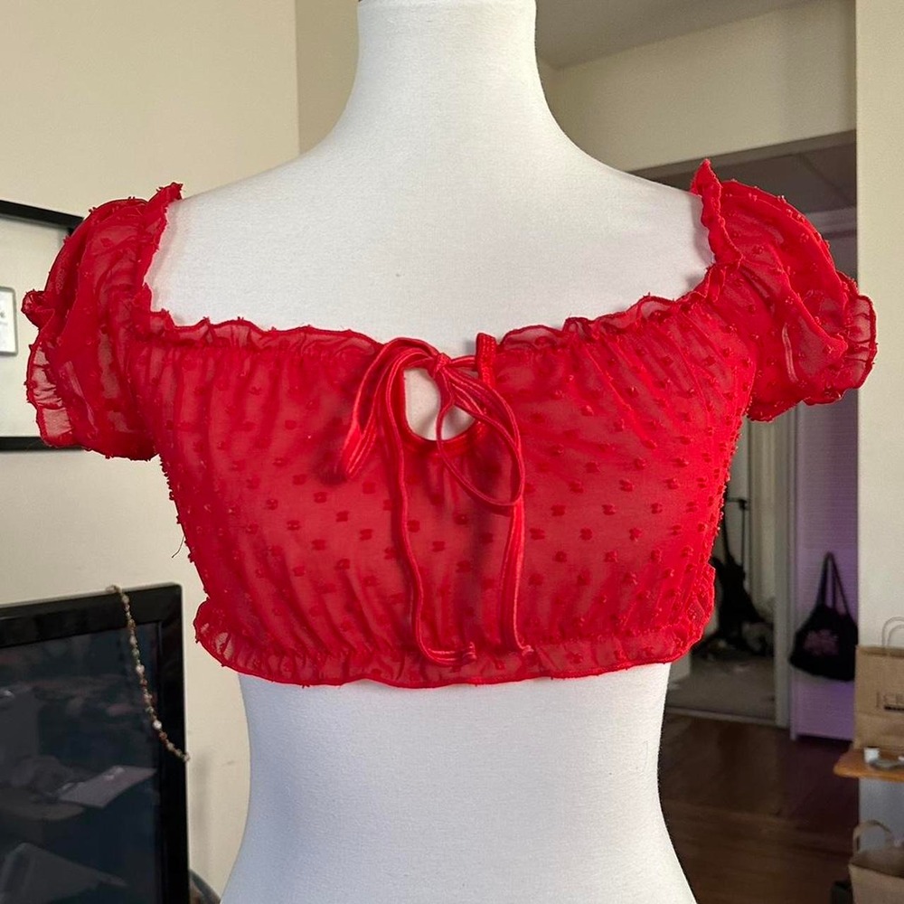 Sheer cherry red ruffle crop top